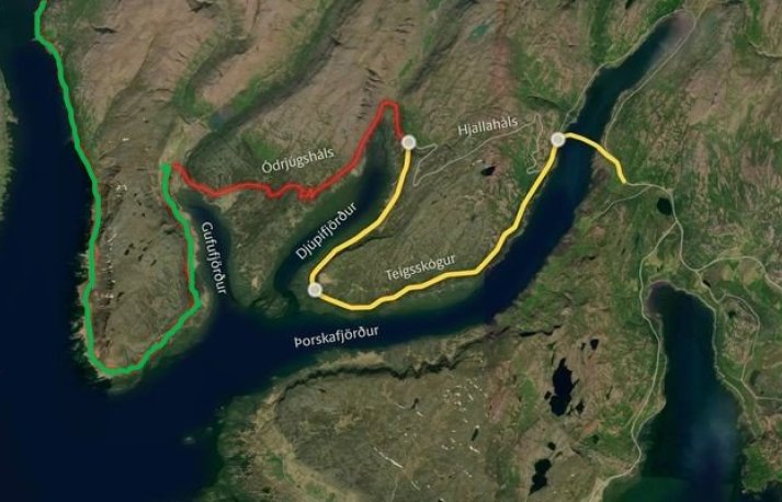 Rauði spottinn er þar sem enn er malarvegur